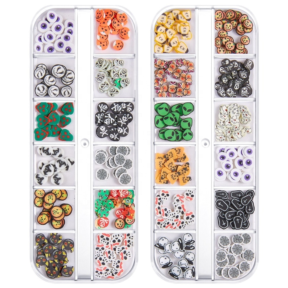 12 Grid set Halloween Nail Art Jewelry Sequin Soft Pottery Pumpkin Witch Skull Spider Armor nail art charms Decoration