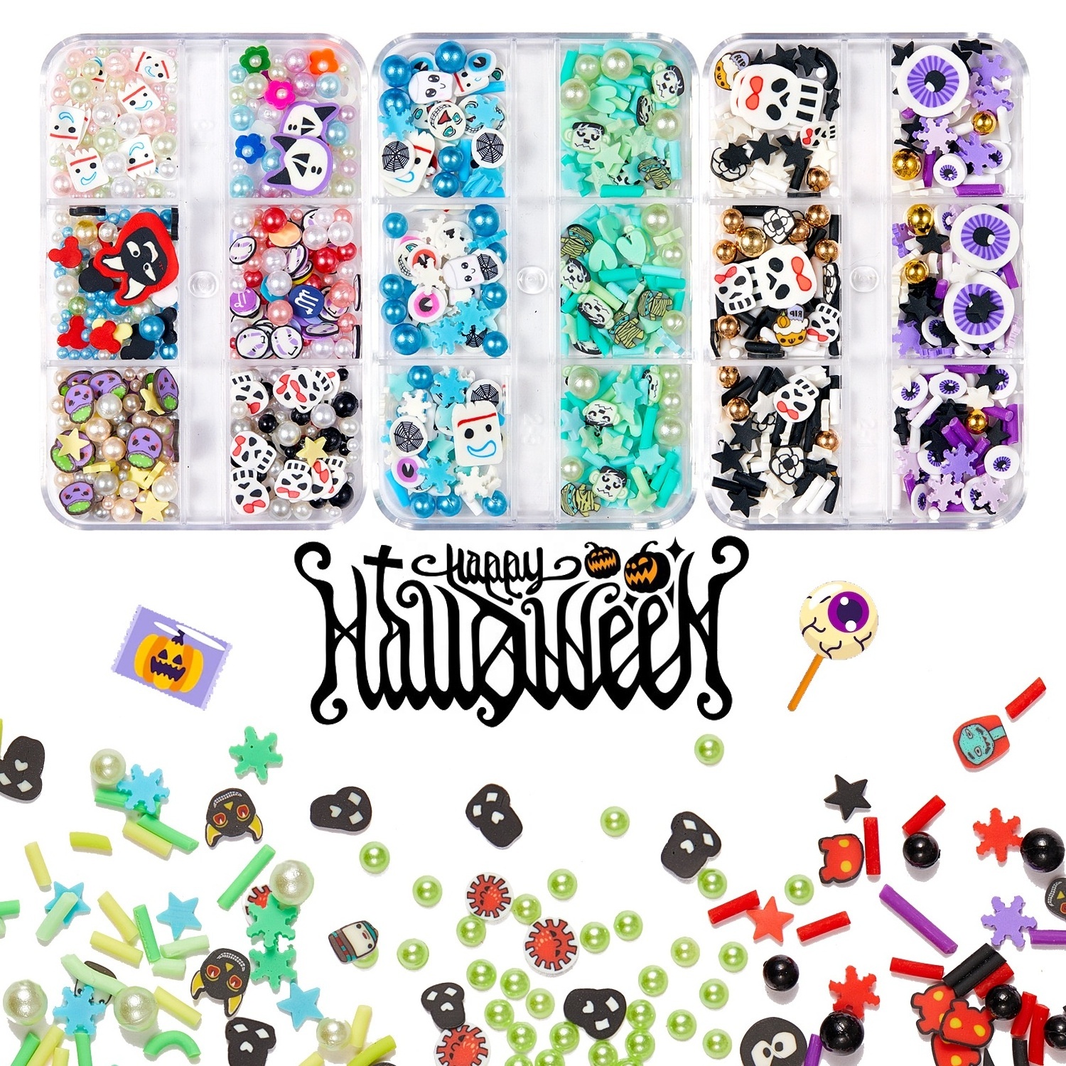 6 Grid Halloween Nail Art Jewelry Sequin Soft Pottery Pumpkin Witch Skull Spider Armor nail art charms Decoration