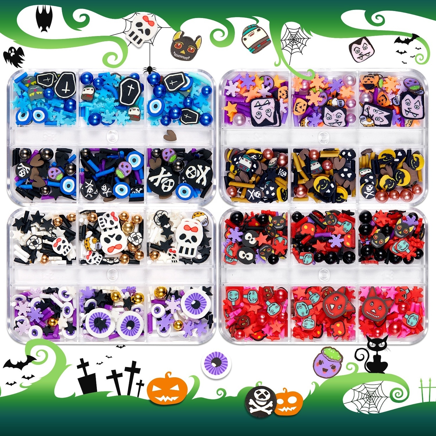 6 Grid Halloween Nail Art Jewelry Sequin Soft Pottery Pumpkin Witch Skull Spider Armor nail art charms Decoration