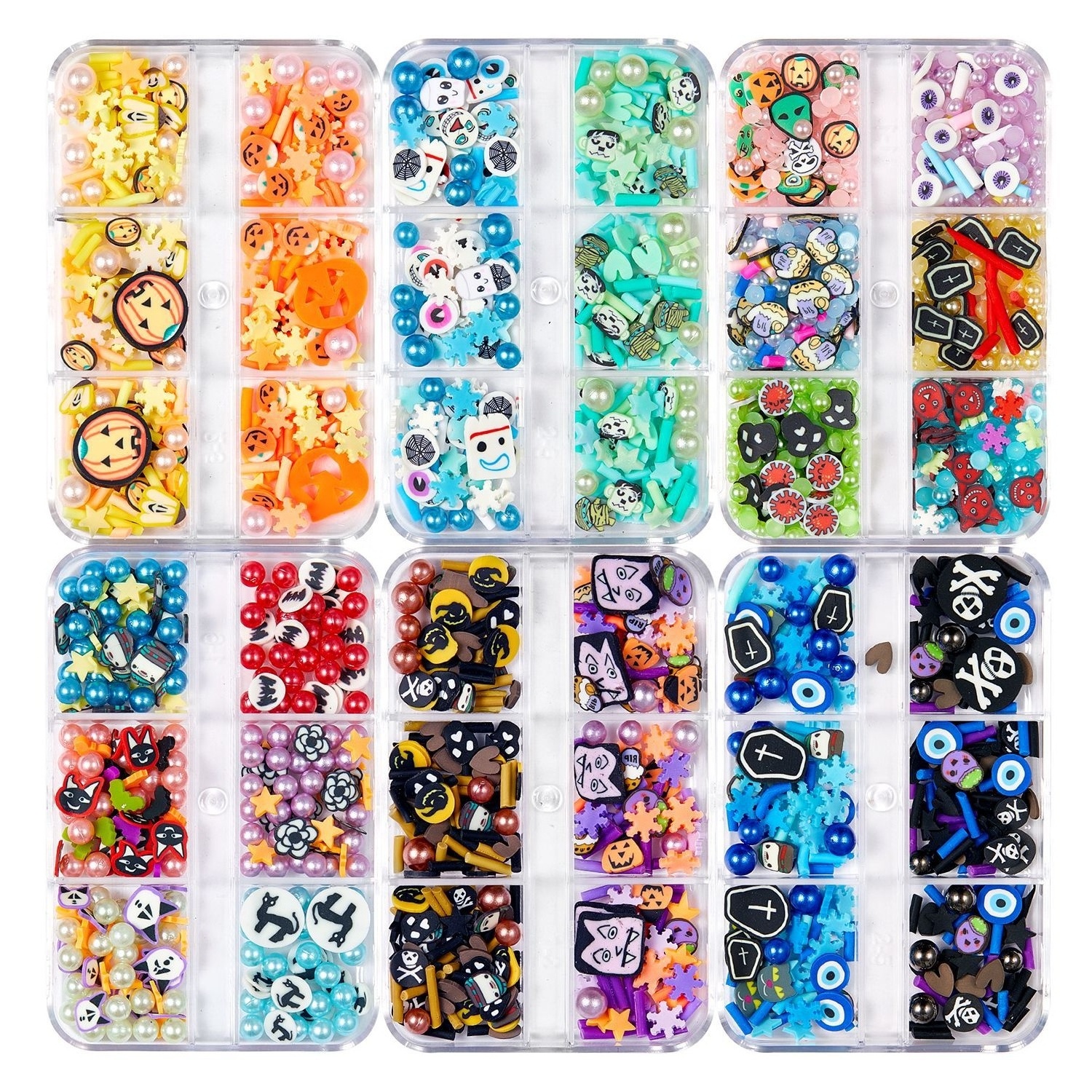 6 Grid Halloween Nail Art Jewelry Sequin Soft Pottery Pumpkin Witch Skull Spider Armor nail art charms Decoration