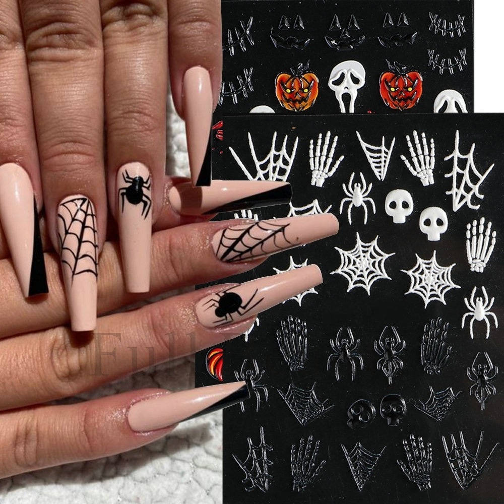 5D Halloween Laser Embossed Nail Sticker bulk Pumpkin Skull Bat Spider Web nail Art charms nail painting stickers supplier