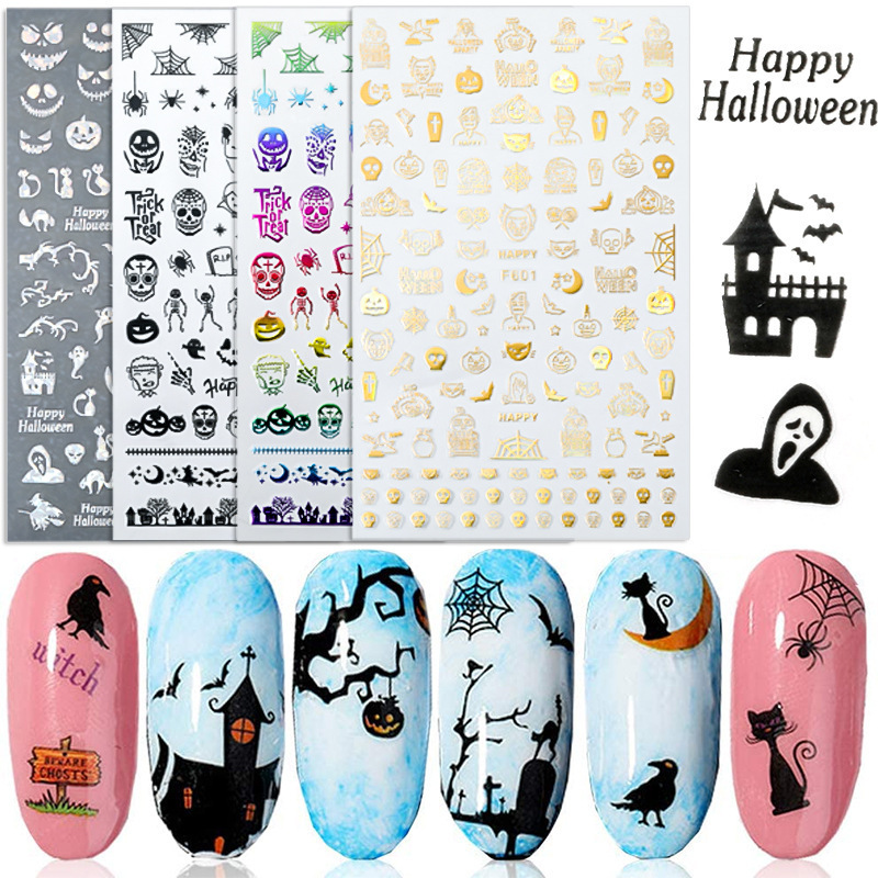 Halloween Laser Nail Sticker bulk Pumpkin Skull Bat Spider Web nail Art charms nail painting stickers supplier