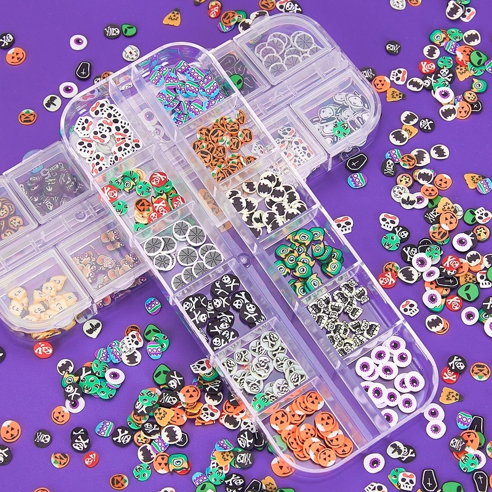 12 Grid set Halloween Nail Art Jewelry Sequin Soft Pottery Pumpkin Witch Skull Spider Armor nail art charms Decoration