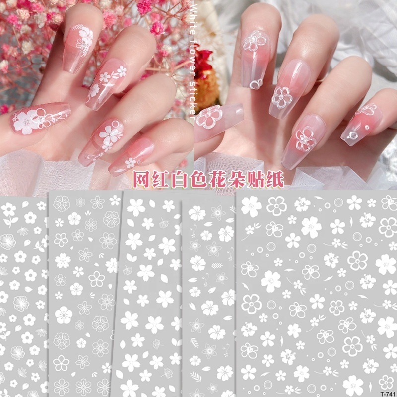 White Cherry Blossom Sticker Spring Summer Ice Tea Flower Nail Sticker decals 3D DIY Nail Sticker Jewelry Decoration