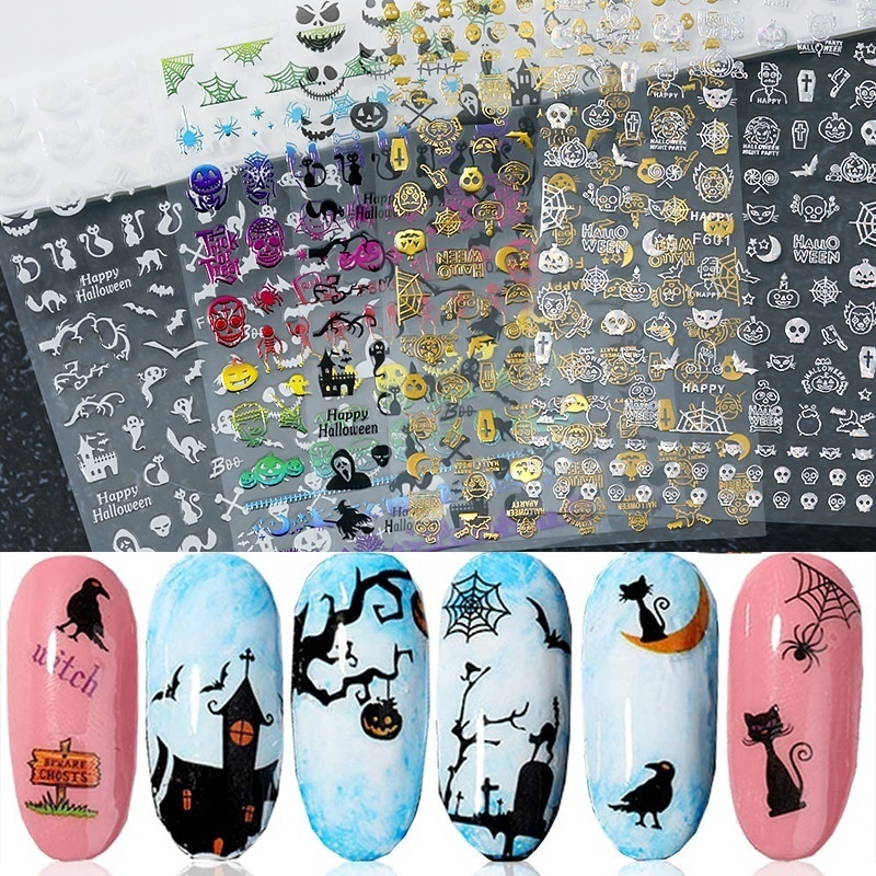 Halloween Laser Nail Sticker bulk Pumpkin Skull Bat Spider Web nail Art charms nail painting stickers supplier