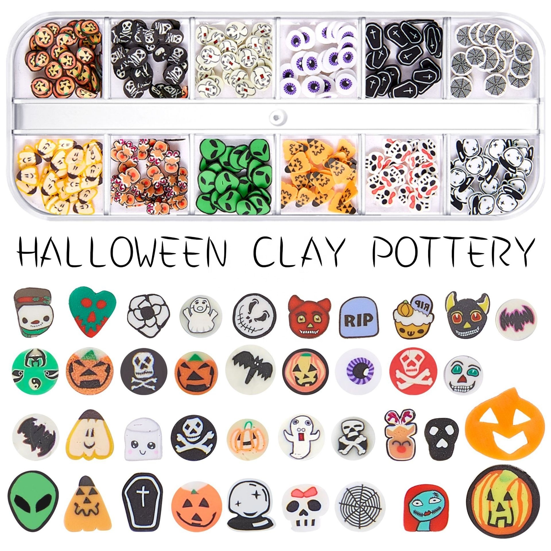 12 Grid set Halloween Nail Art Jewelry Sequin Soft Pottery Pumpkin Witch Skull Spider Armor nail art charms Decoration