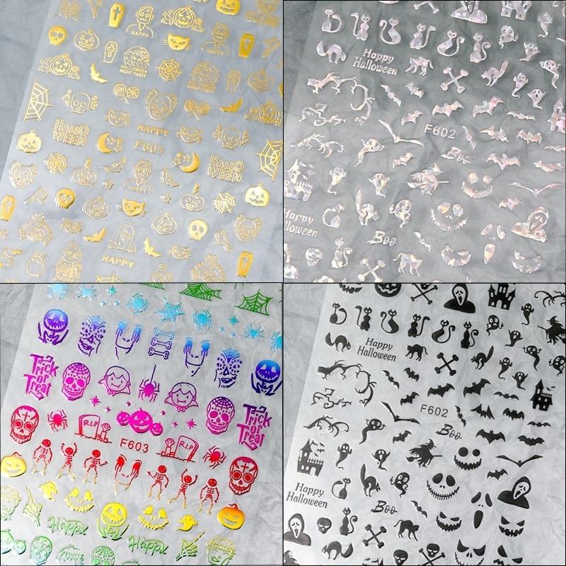 Halloween Laser Nail Sticker bulk Pumpkin Skull Bat Spider Web nail Art charms nail painting stickers supplier