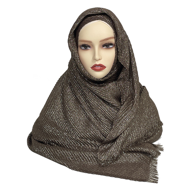 Wholesale Fashion Islamic women 100% polyester foulard golden Hijabs Glitter pleated knitted satin silk Scarf Crinkle Shawls