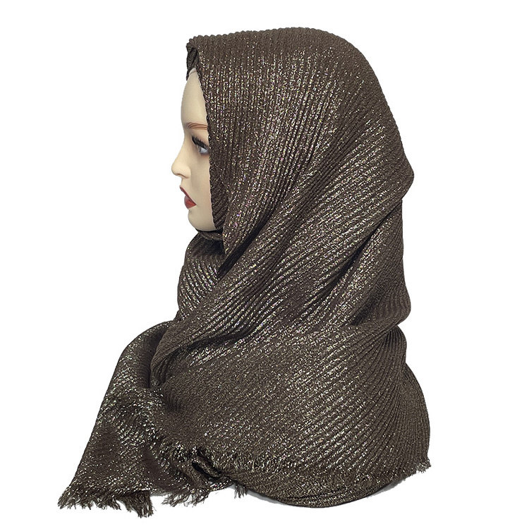 Wholesale Fashion Islamic women 100% polyester foulard golden Hijabs Glitter pleated knitted satin silk Scarf Crinkle Shawls