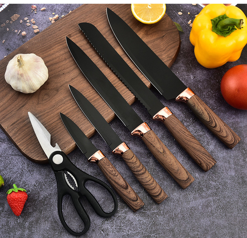 MANJIA Best Selling 7pcs Stainless Steel Kitchen Scissors Chef Knives Cleaver Black Knife Set with Holder