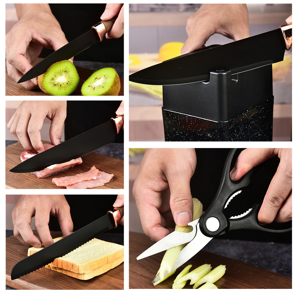 MANJIA Best Selling 7pcs Stainless Steel Kitchen Scissors Chef Knives Cleaver Black Knife Set with Holder