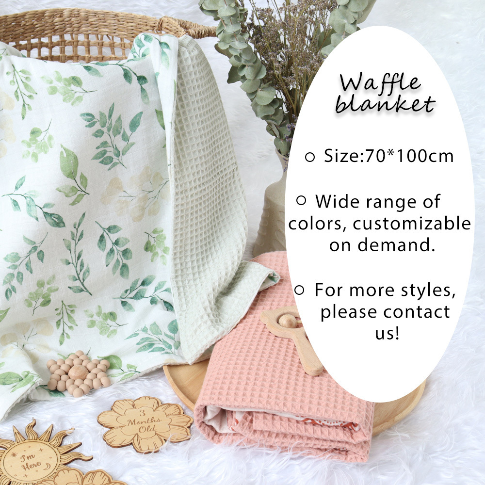 2 Layers Printed Patterns Bamboo Cotton Baby Muslin Swaddle Blanket with Waffle Fabric Towel for Newborn Wrap Shower Gift