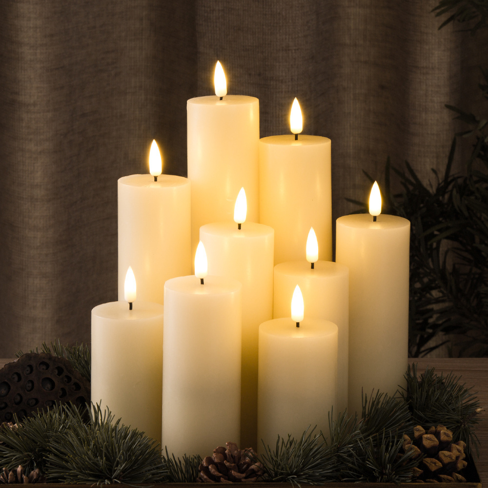 Matti's home decoration 3D flame pillar flat ivory paraffin wax led remote candle