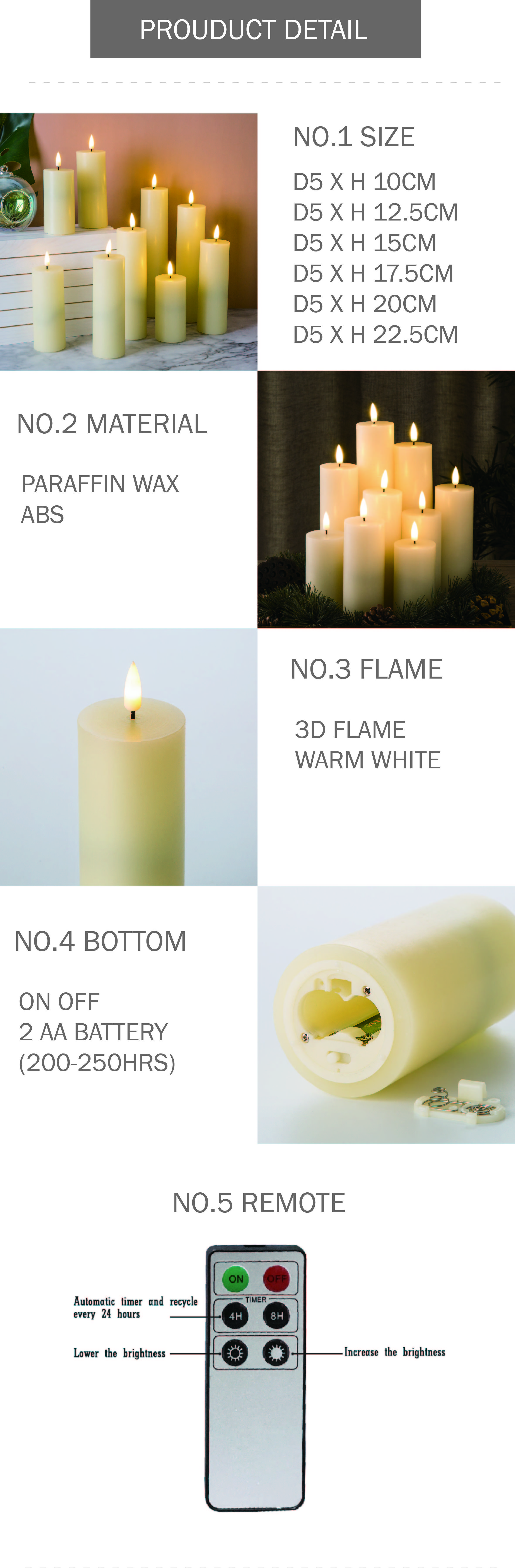 Matti's home decoration 3D flame pillar flat ivory paraffin wax led remote candle