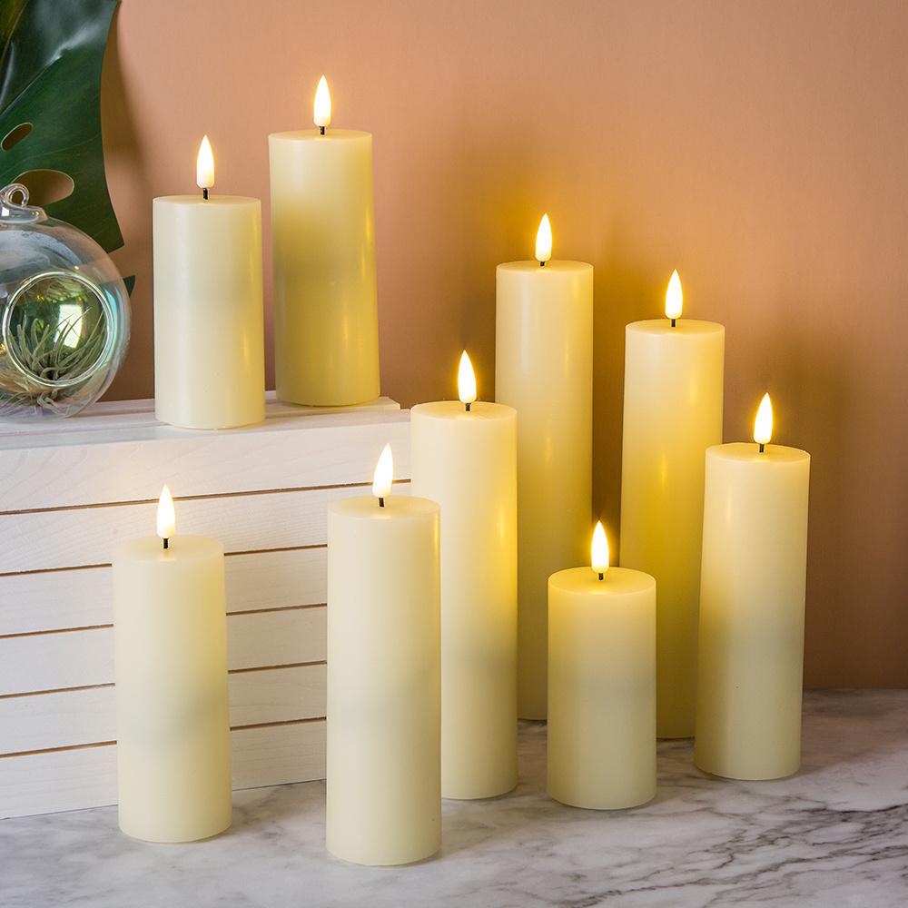 Matti's home decoration 3D flame pillar flat ivory paraffin wax led remote candle