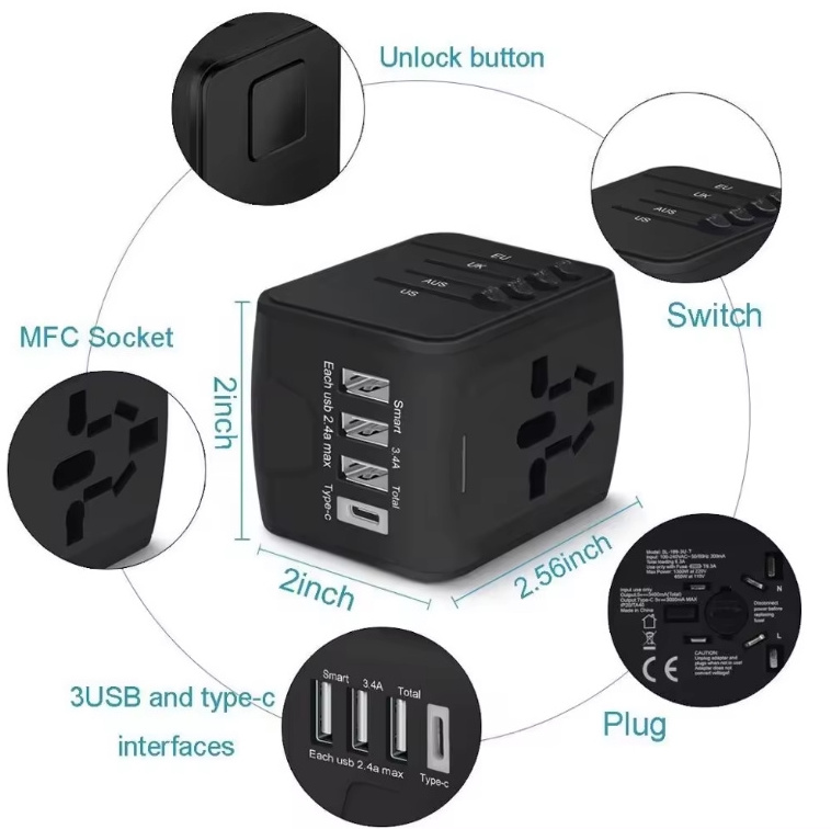 Blue Black 4 USB Universal Travel Adapter with EU AU US UK Plug All in one universal Power Adapter with Type C For Mobile Phones