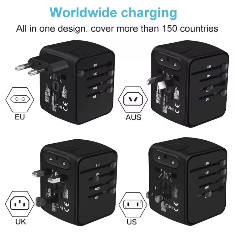 Blue Black 4 USB Universal Travel Adapter with EU AU US UK Plug All in one universal Power Adapter with Type C For Mobile Phones