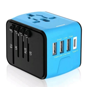 Blue Black 4 USB Universal Travel Adapter with EU AU US UK Plug All in one universal Power Adapter with Type C For Mobile Phones