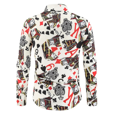 Mens New Arrival Casual Shirts Poker Card Print Slim Fit Long Sleeve Floral Shirts Men Dress Business Camisa Social Tops