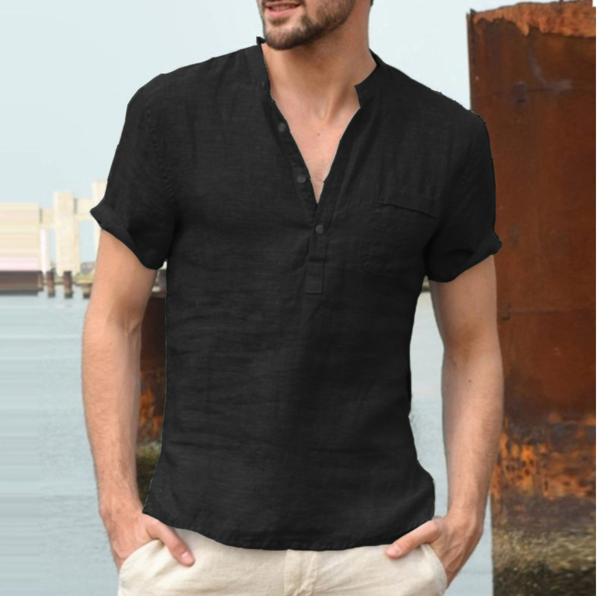 Summer Short Sleeve Casual Stand Collar Linen Polo Shirts Regular Fit Men's Shirts