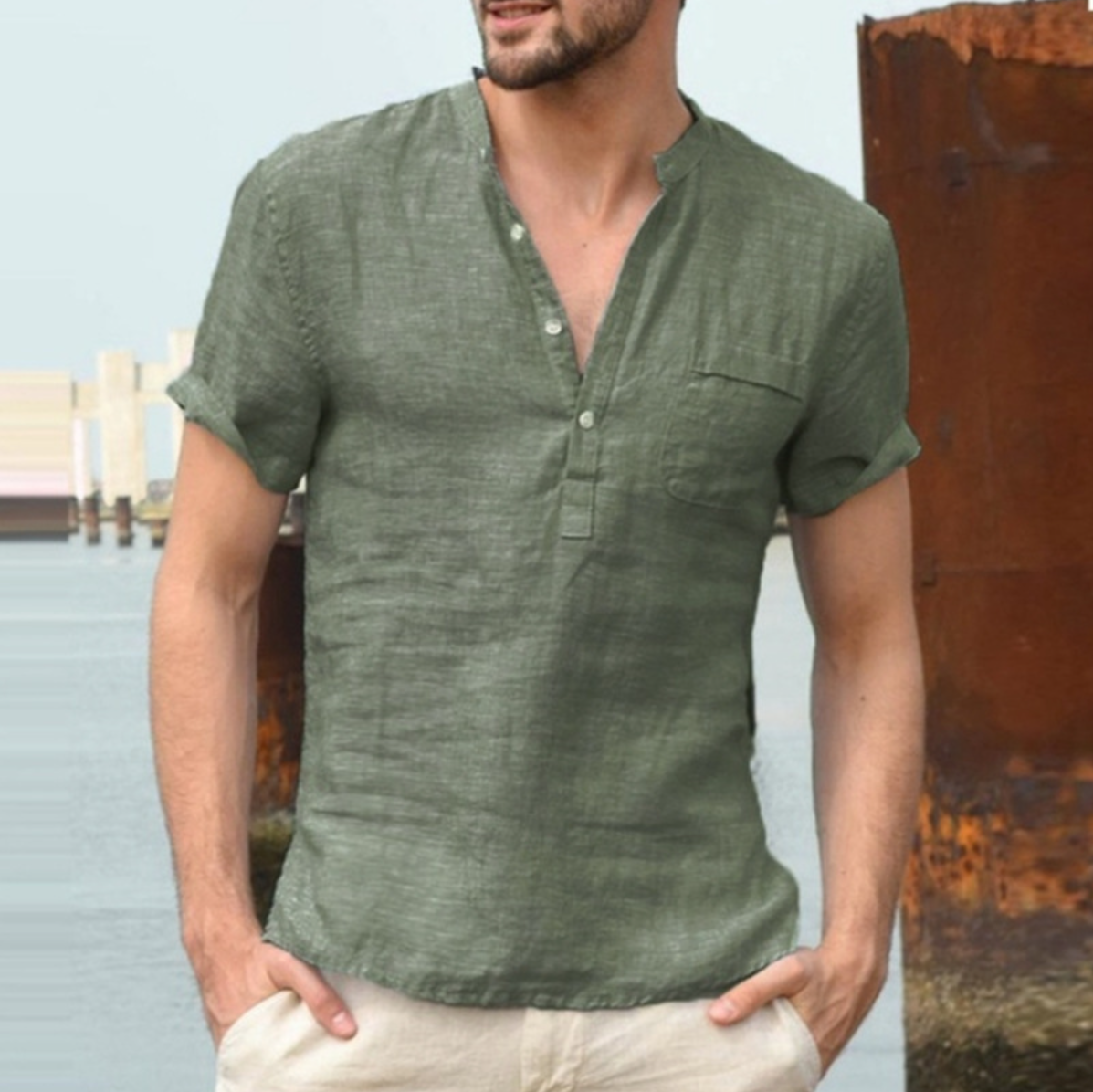 Summer Short Sleeve Casual Stand Collar Linen Polo Shirts Regular Fit Men's Shirts