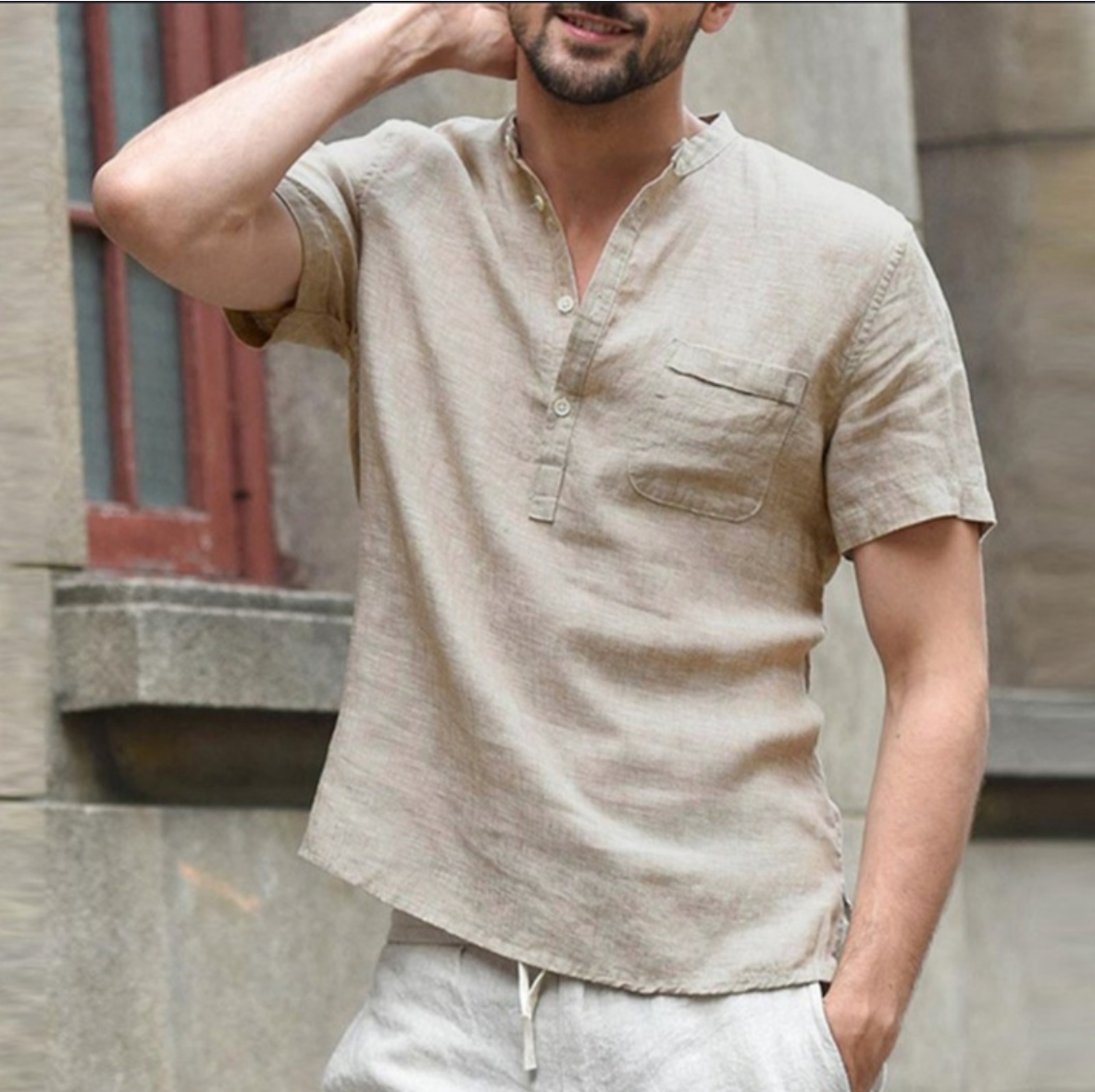 Summer Short Sleeve Casual Stand Collar Linen Polo Shirts Regular Fit Men's Shirts