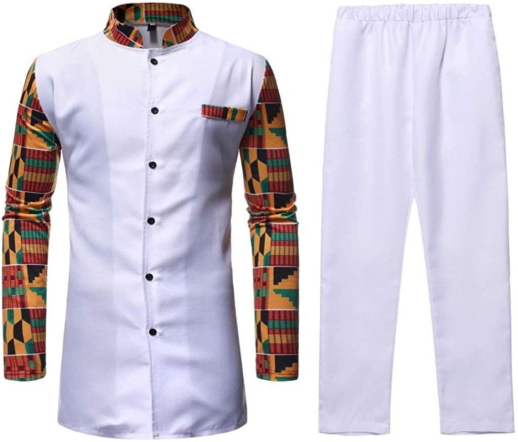 Men's Casual African Daxi Ji Printed two-piece Shirt Trouser Suit with Long Sleeves and Slim Waist