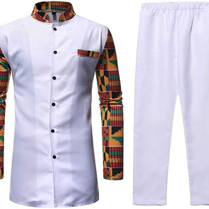 Men's Casual African Daxi Ji Printed two-piece Shirt Trouser Suit with Long Sleeves and Slim Waist