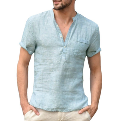 Summer Short Sleeve Casual Stand Collar Linen Polo Shirts Regular Fit Men's Shirts