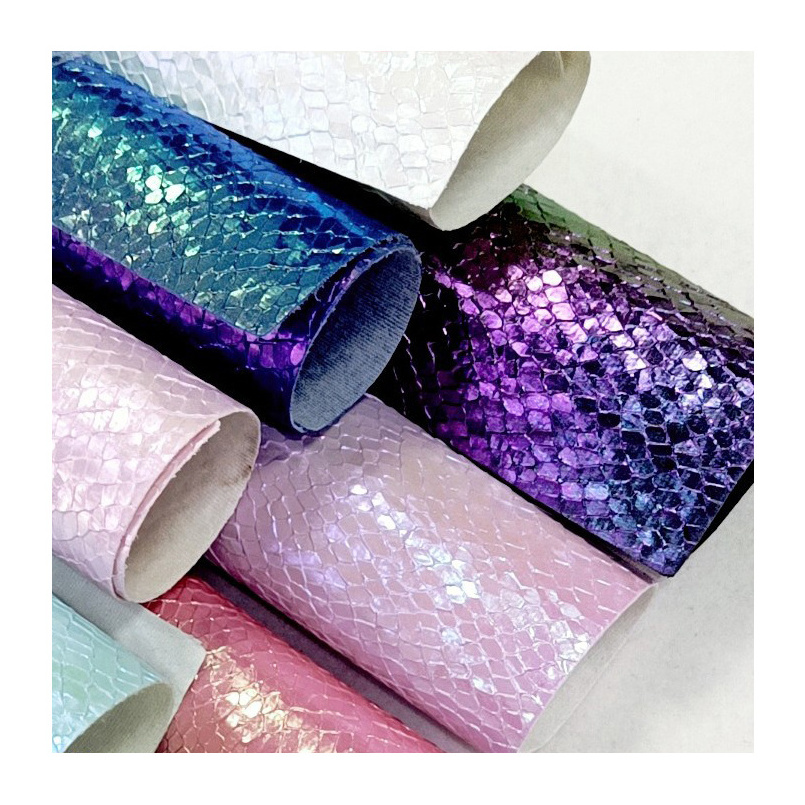 Laserable Color 0.8 mm Metallic Mermaid 3D Snake Fish Texture Leather PVC Faux Leather Fabric for Clothing Bag Wallet Wallpaper