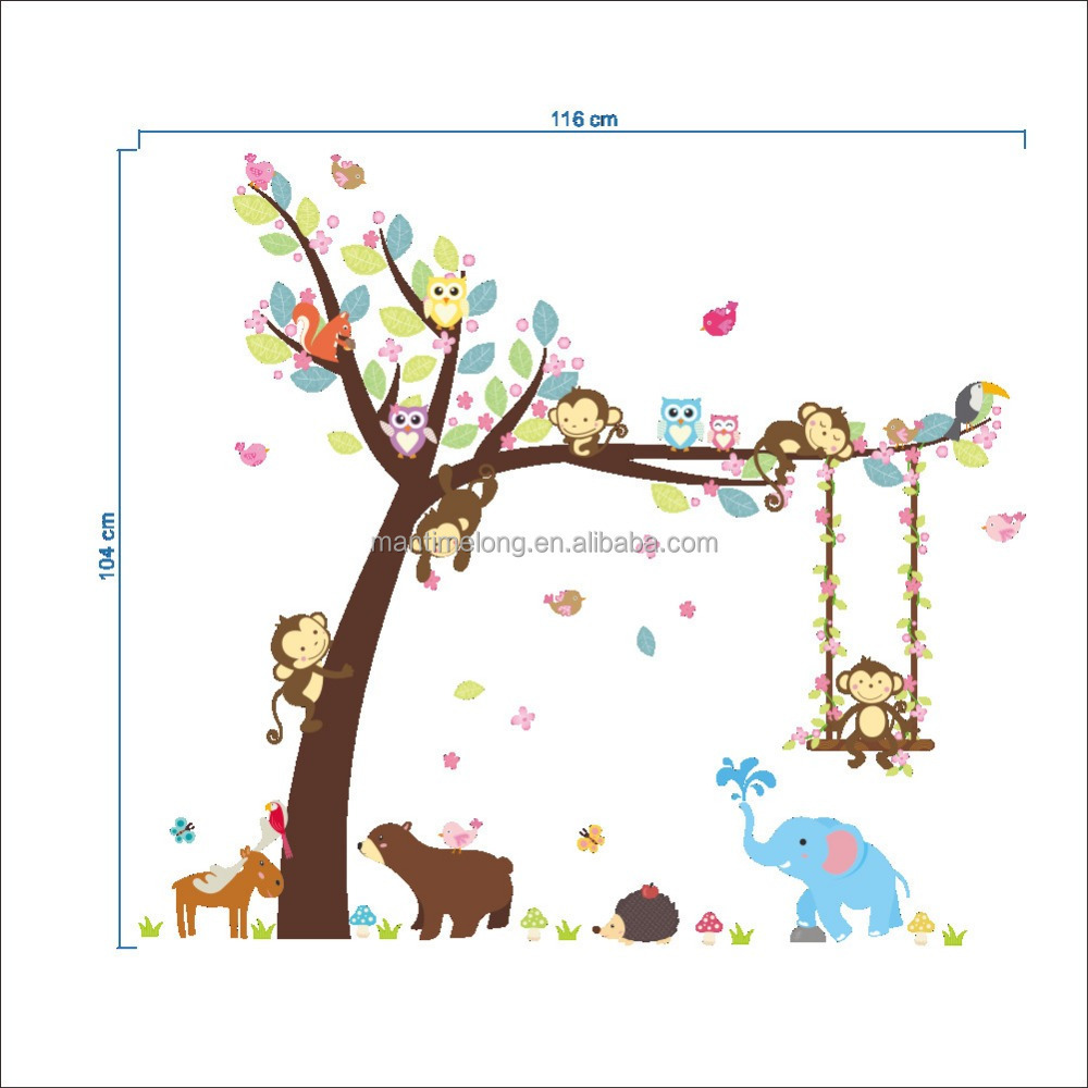 Forest Animal Tree wall sticker for kids room Monkey Bear Jungle wild Children Wall Decal Nursery Bedroom Decor Poster Mural