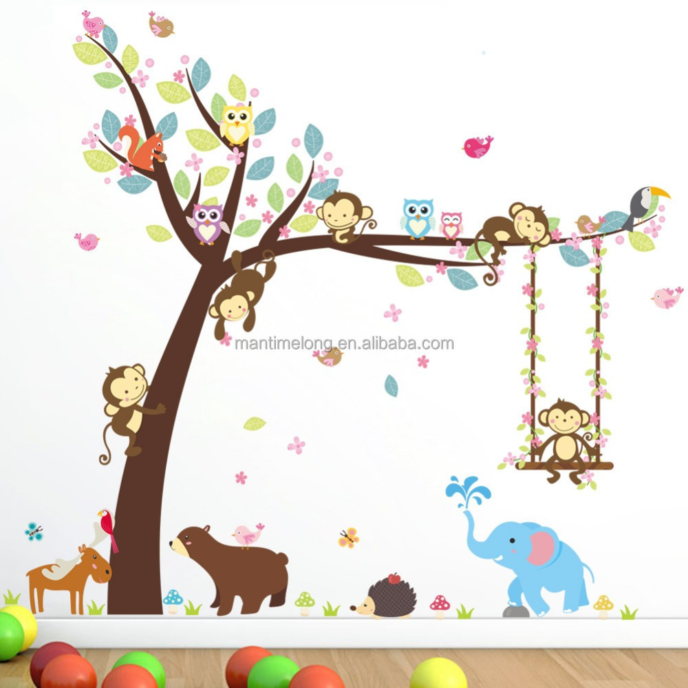 Forest Animal Tree wall sticker for kids room Monkey Bear Jungle wild Children Wall Decal Nursery Bedroom Decor Poster Mural