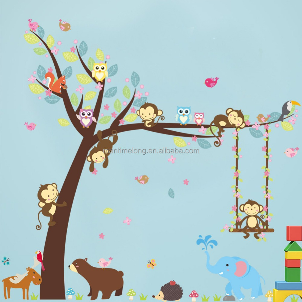 Forest Animal Tree wall sticker for kids room Monkey Bear Jungle wild Children Wall Decal Nursery Bedroom Decor Poster Mural