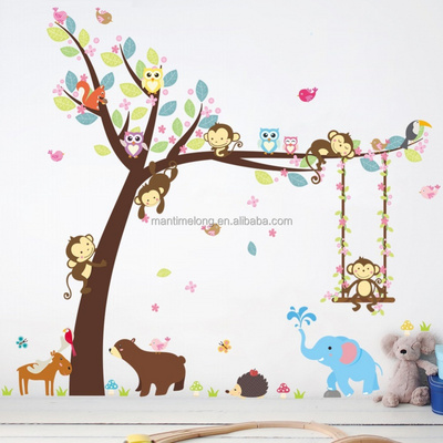 Forest Animal Tree wall sticker for kids room Monkey Bear Jungle wild Children Wall Decal Nursery Bedroom Decor Poster Mural