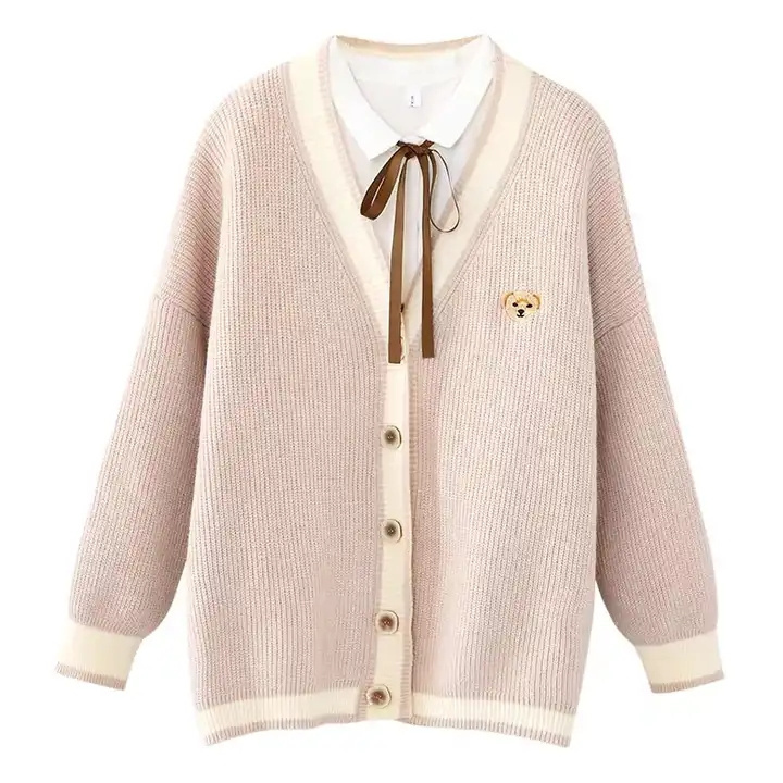 Women's Knitted Pattern Long Sleeve Sweater with Pocket Front Cardigan Button Loose