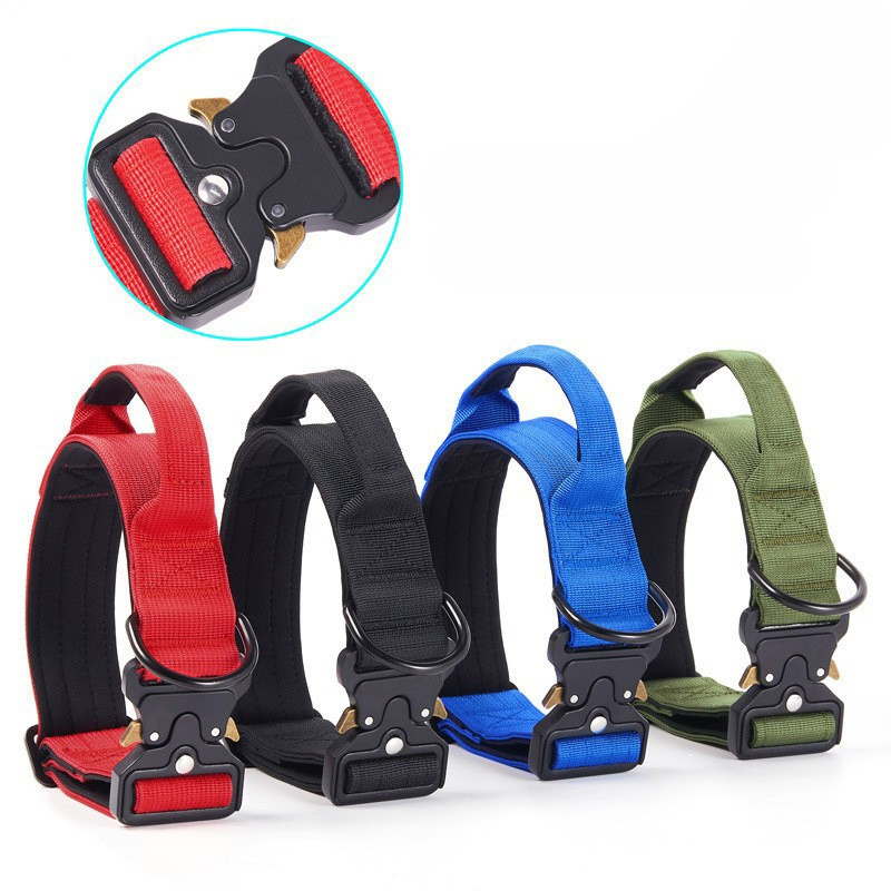 Custom Colors Logo Dog Collar Metal Buckle Tactical Waterproof Strong Training Heavy Duty Handle Nylon Outdoor Dog Collar