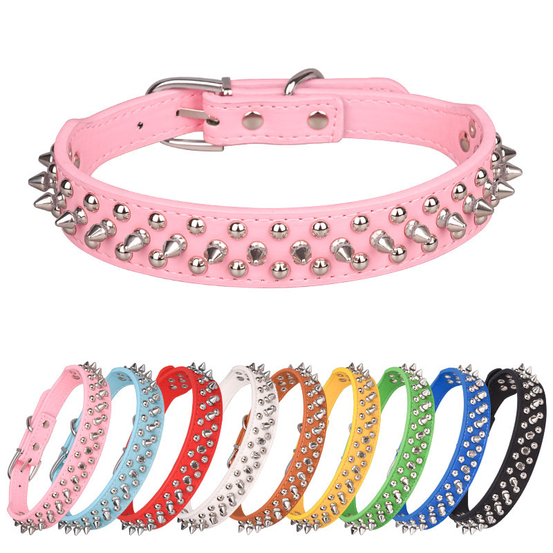 Amazon Hot Sale Luxury Anti-bite Dog Collar 3 Rows Rivet Pet Color PU Leather Collar Spike Dog Collar