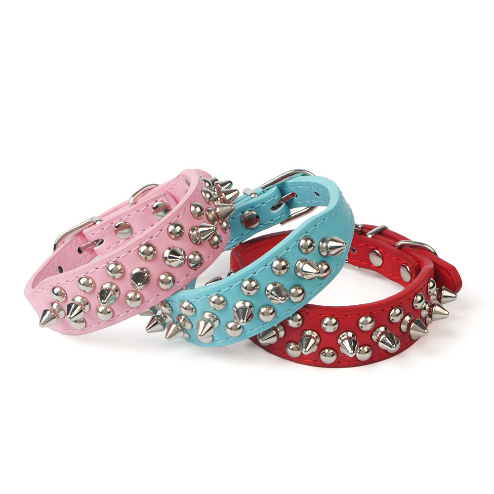 Amazon Hot Sale Luxury Anti-bite Dog Collar 3 Rows Rivet Pet Color PU Leather Collar Spike Dog Collar