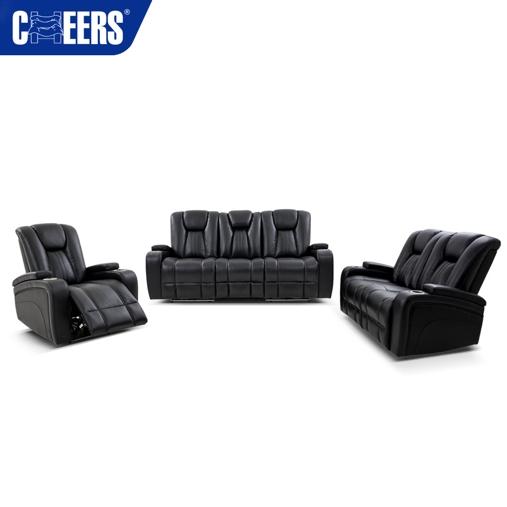 MANWAH CHEERS Factory Wholesales Black 3 Seat Leathaire Home Theater Power Recliing Sofa With Sofa Table Cup Holder And Led