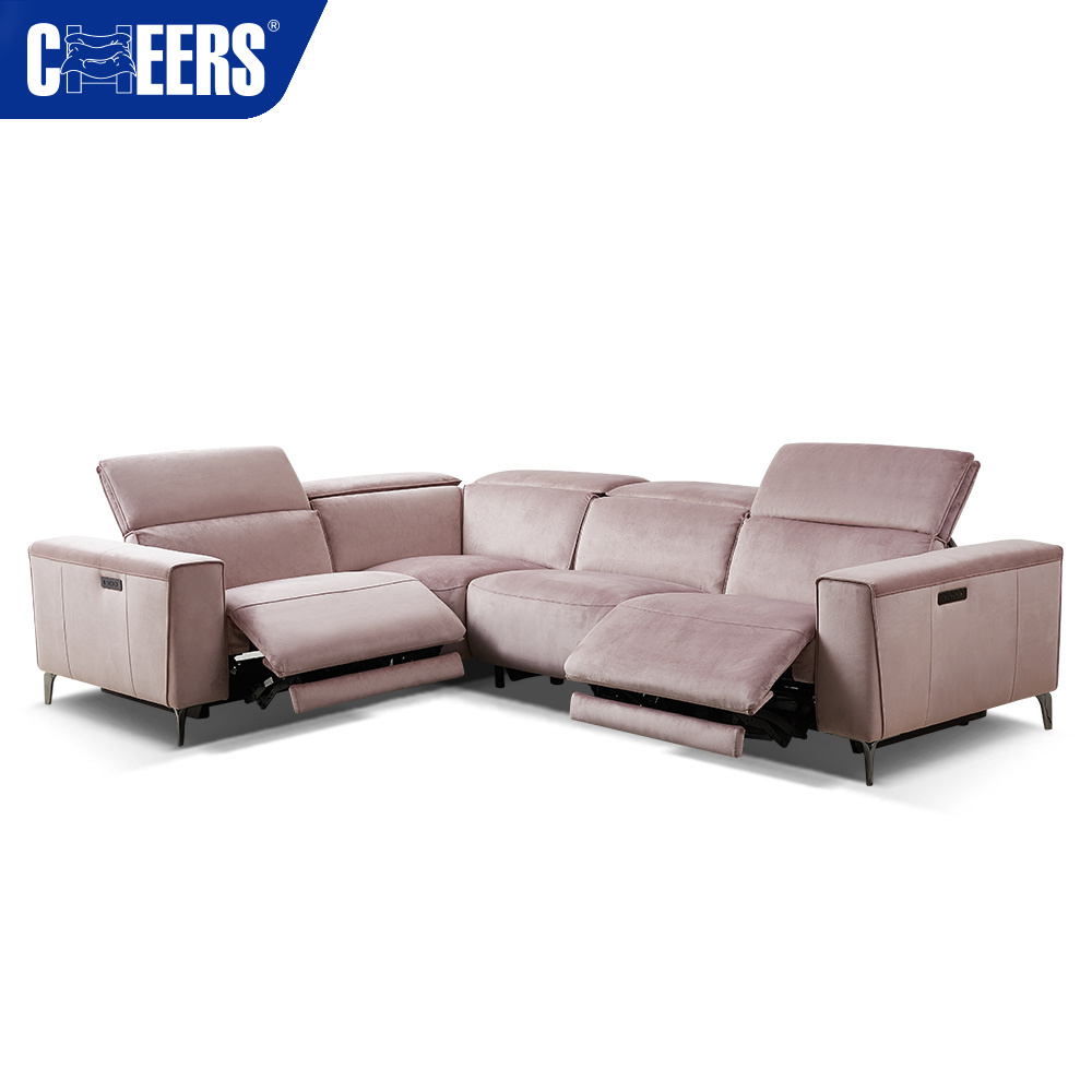 MANWAH CHEERS Modern Pink Velvet Power Reclining Sectionals Corner Sofa With Adjustable Headrest