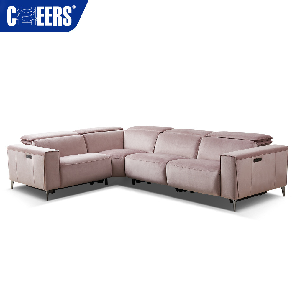 MANWAH CHEERS Modern Pink Velvet Power Reclining Sectionals Corner Sofa With Adjustable Headrest