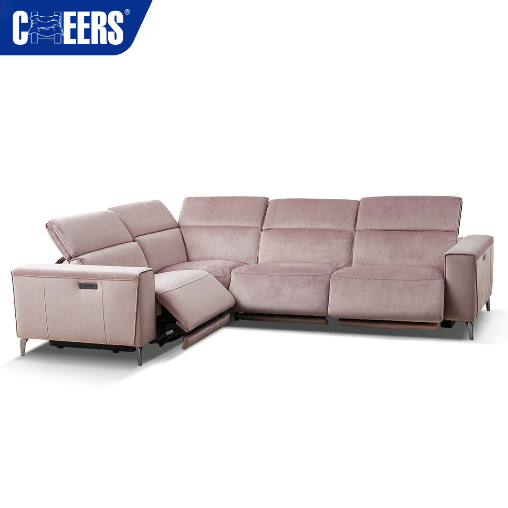 MANWAH CHEERS Modern Pink Velvet Power Reclining Sectionals Corner Sofa With Adjustable Headrest