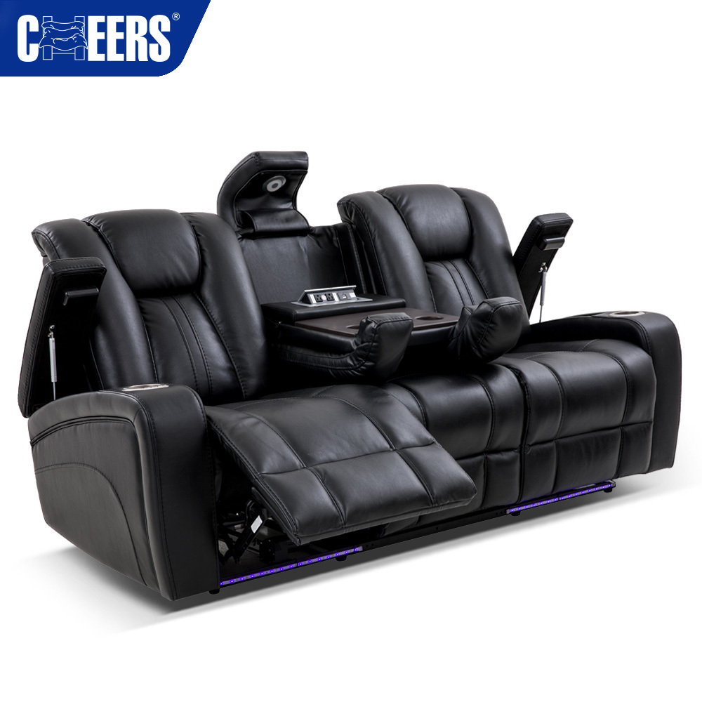 MANWAH CHEERS Factory Wholesales Black 3 Seat Leathaire Home Theater Power Recliing Sofa With Sofa Table Cup Holder And Led