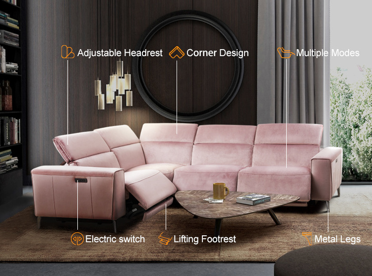 MANWAH CHEERS Modern Pink Velvet Power Reclining Sectionals Corner Sofa With Adjustable Headrest