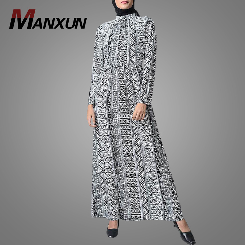 Wholesale Online Cheap Prices Zig-Zag Contrast Printed Abaya Muslimah Turkish Kebaya Dress Islamic Women Clothing