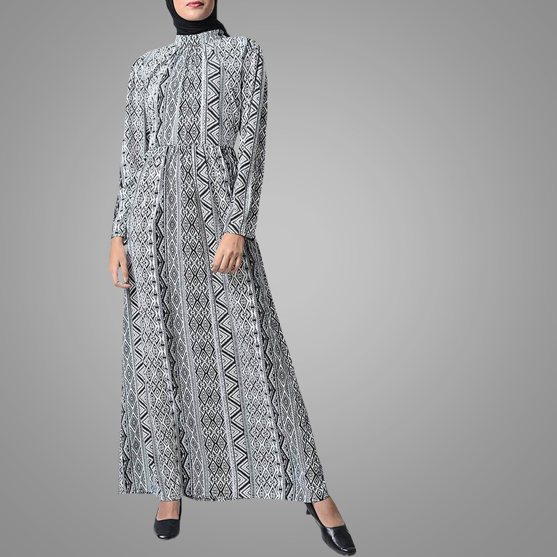 Wholesale Online Cheap Prices Zig-Zag Contrast Printed Abaya Muslimah Turkish Kebaya Dress Islamic Women Clothing