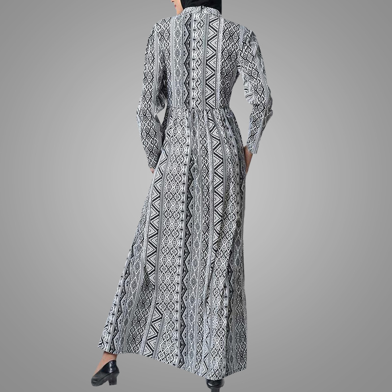 Wholesale Online Cheap Prices Zig-Zag Contrast Printed Abaya Muslimah Turkish Kebaya Dress Islamic Women Clothing