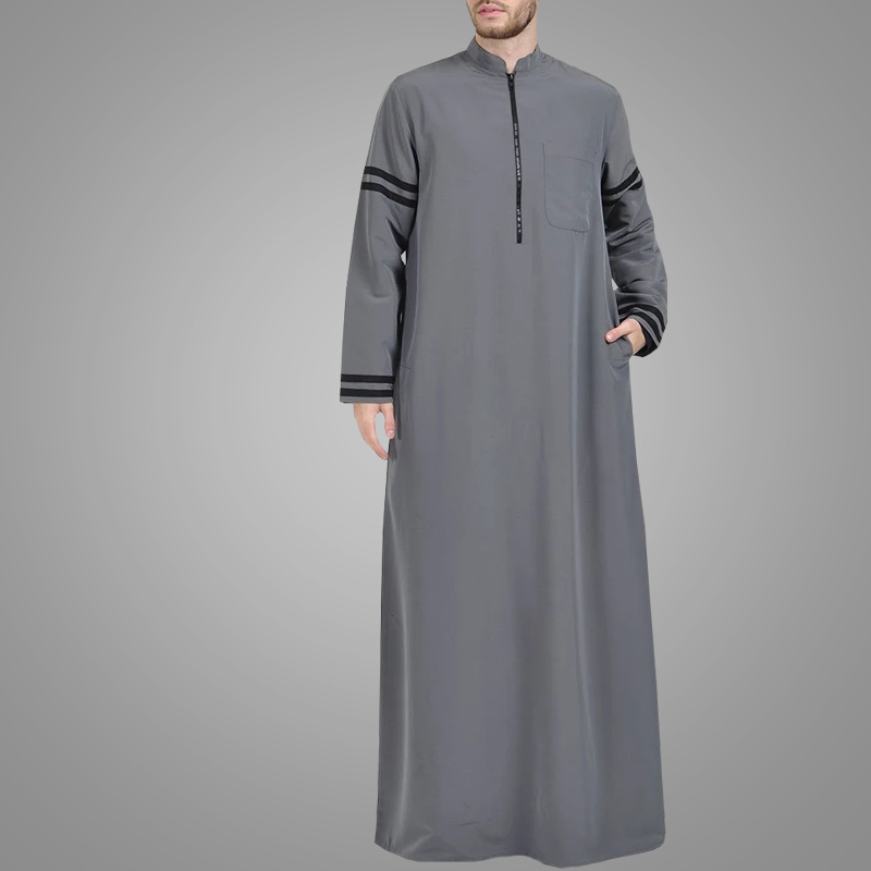 Muslim Arabic Thawb Zipper Front Men Dishdasha Kuwait Style Thobe UAE Bisht Long Sleeve Jubah Daffah Islamic Men Thobe