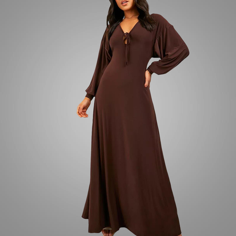 Maxi Dress High Quality Knit Fabric Long Sleeve Dresses  Clothing Sexy Low Neck Party Club Wear