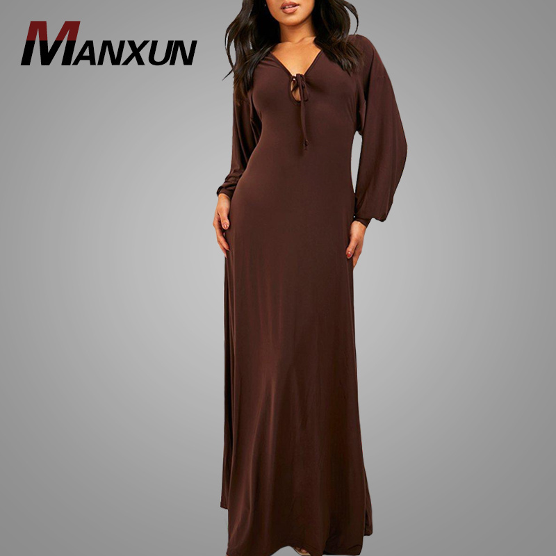 Maxi Dress High Quality Knit Fabric Long Sleeve Dresses  Clothing Sexy Low Neck Party Club Wear